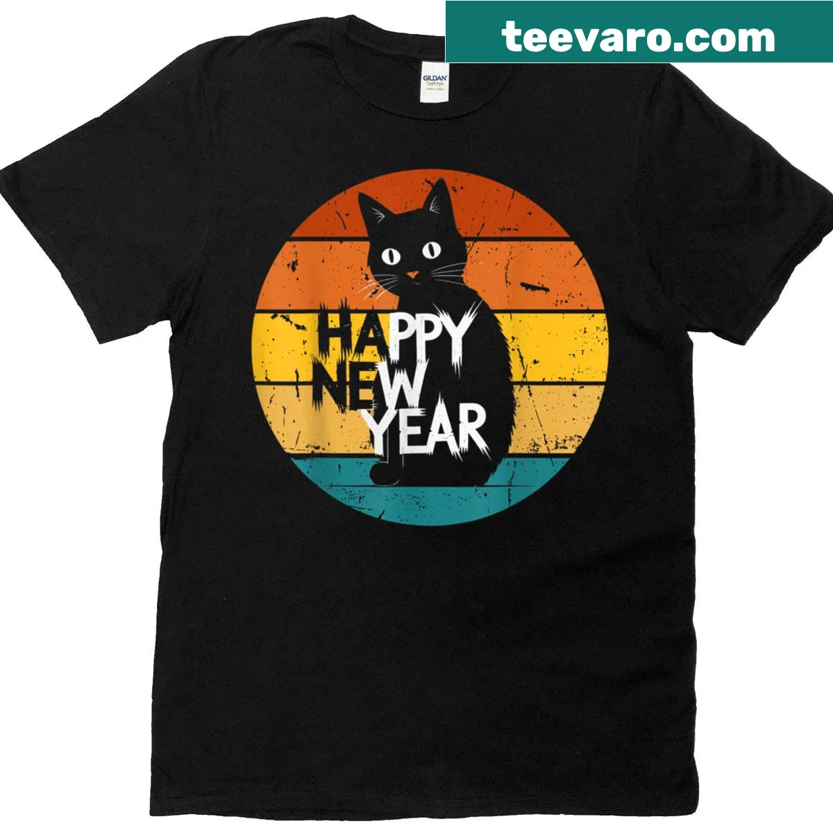 Retro-style t-shirt with a cat and sunset design for New Year 2026 — on a men's t-shirt