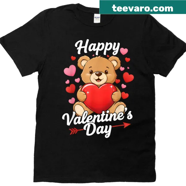 Cute teddy bear graphic with Happy Valentine text on a women's t-shirt