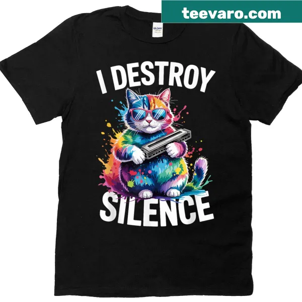 Cartoon rainbow cat with harmonica on a funny music t-shirt