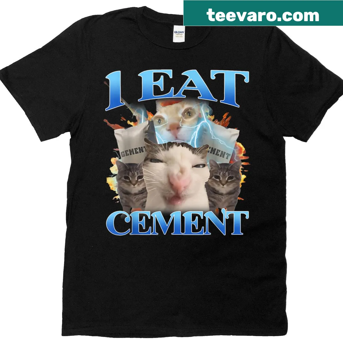 Funny T-shirt featuring a cartoon cat and the phrase I Eat Cement — on a men's t-shirt