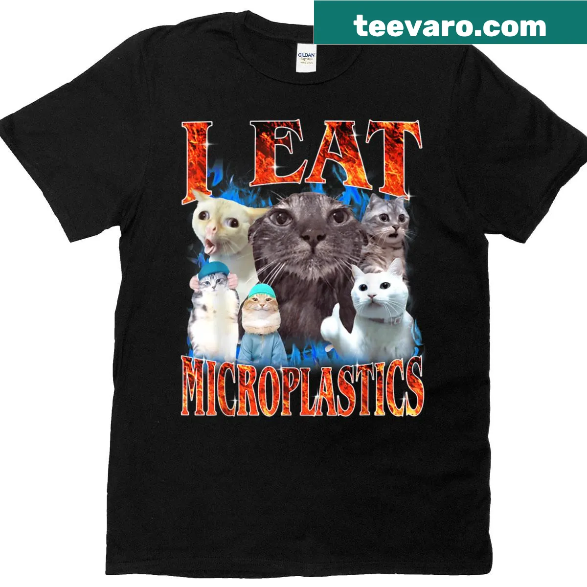 Funny cat graphic t-shirt featuring a humorous microplastics meme — on a men's t-shirt
