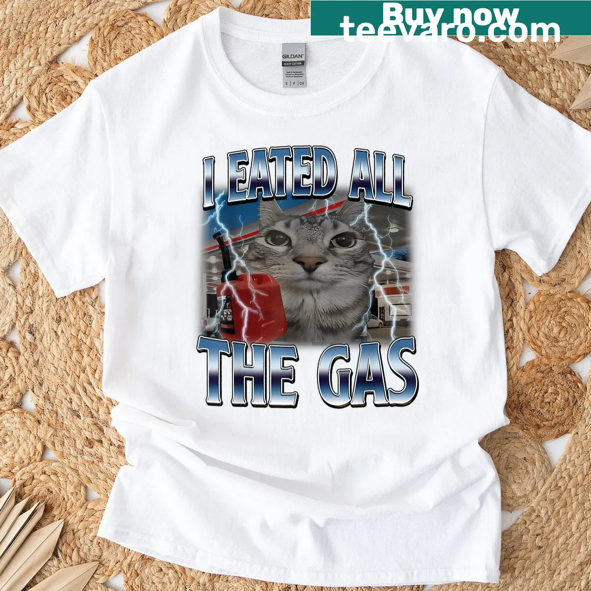 Funny cat meme graphic tee with silly saying — on a men's t-shirt