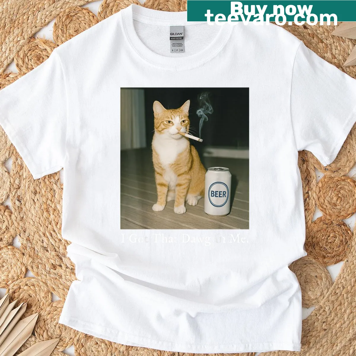 Funny cat meme T-shirt with a cat smoking and drinking beer — on a men's t-shirt