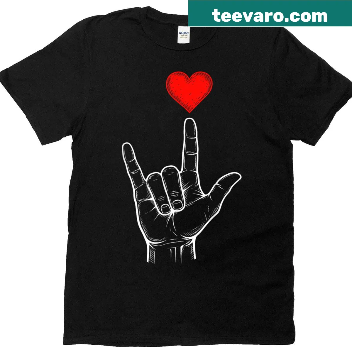 ASL 'I Love You' hand sign graphic on T-shirt — on a men's t-shirt
