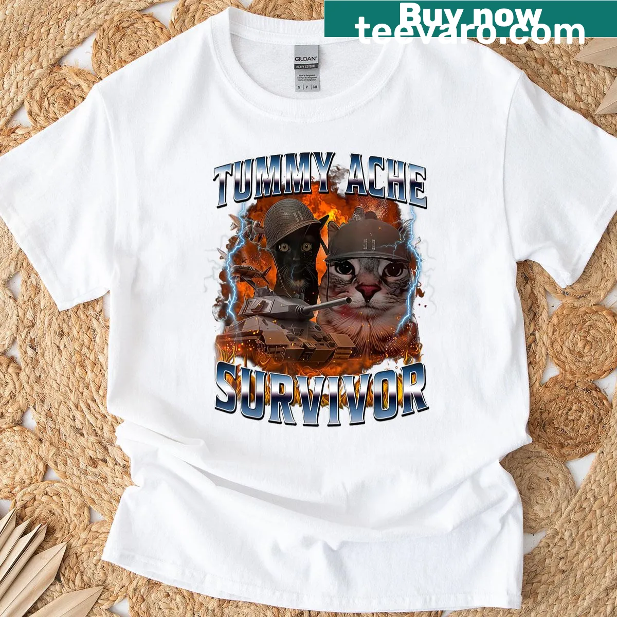 Silly cat meme about tummy ache on a funny t-shirt — on a men's t-shirt