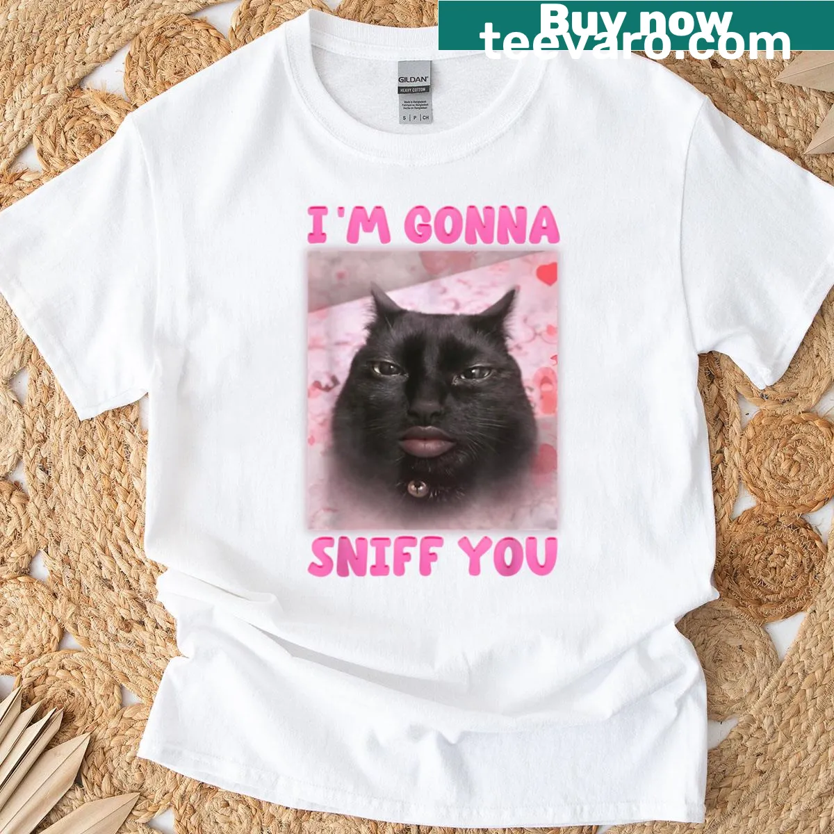 Funny cat meme t-shirt with playful sniffing graphic — on a men's t-shirt