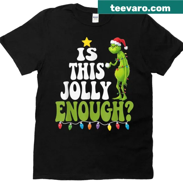 Funny Christmas t-shirt with tree lights and 'Is This Jolly Enough?' text