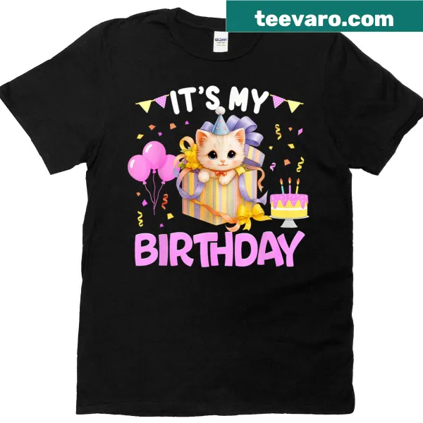 Cute birthday T-shirt for cat lovers featuring cheerful illustrations