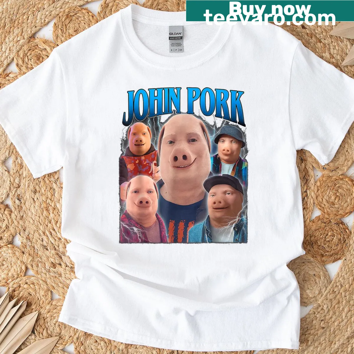 Humorous John Pork meme graphic on a casual t-shirt — on a men's t-shirt