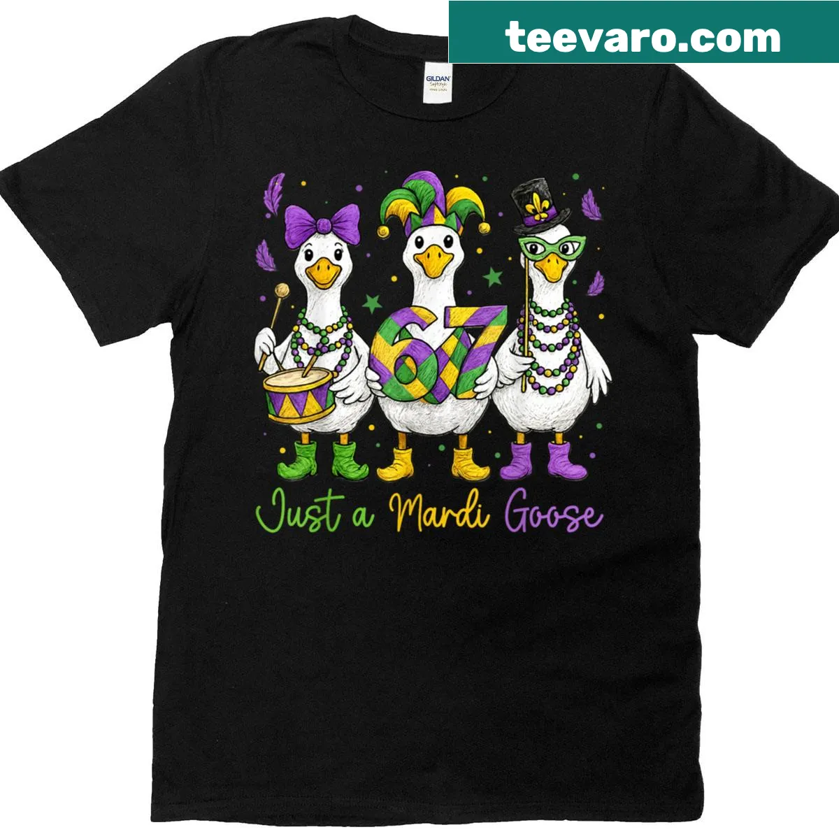 Cute t-shirt featuring a whimsical goose for Mardi Gras — on a men's t-shirt