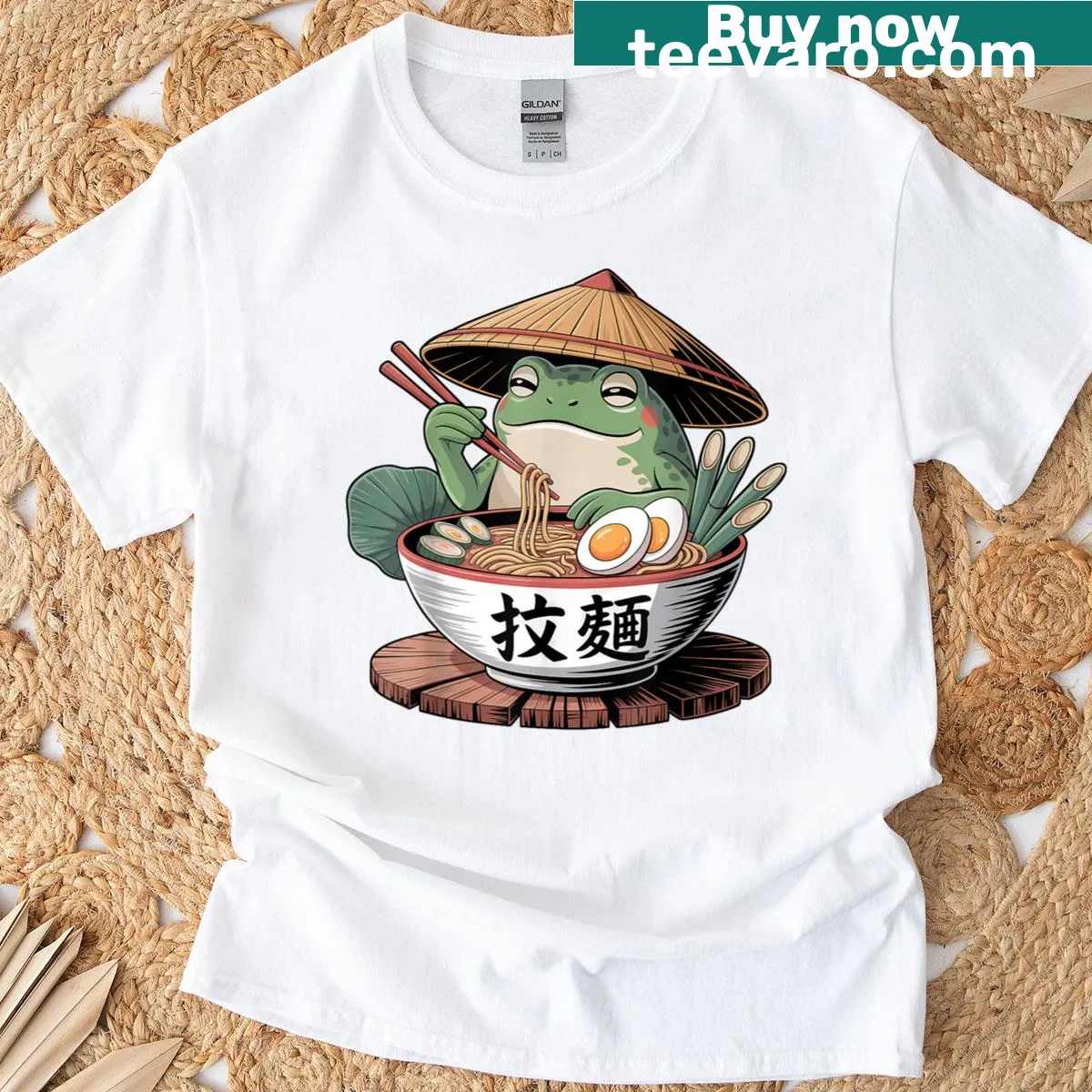 Cute kawaii frog eating ramen graphic t-shirt — on a men's t-shirt