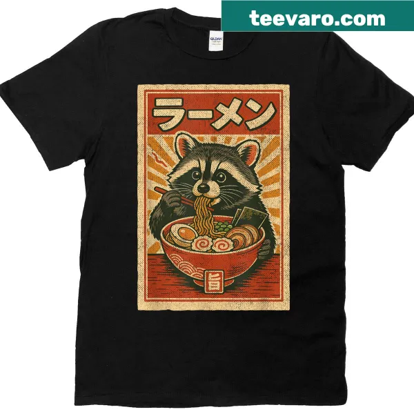 Retro graphic featuring a cute raccoon enjoying ramen, with playful text.