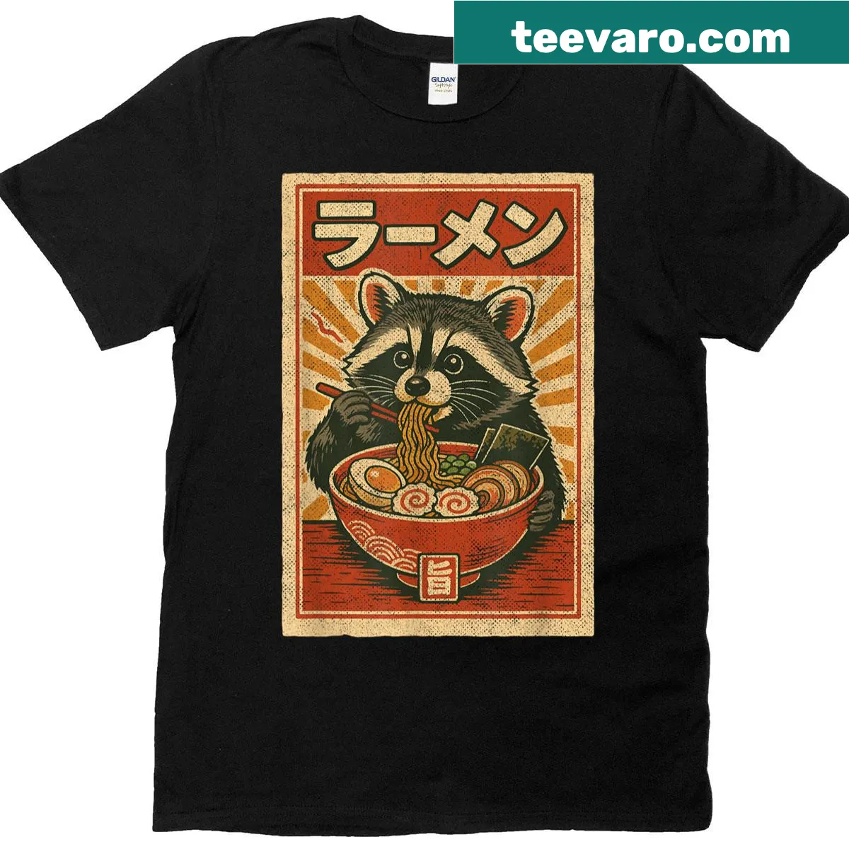 Retro graphic featuring a cute raccoon enjoying ramen, with playful text. — on a men's t-shirt