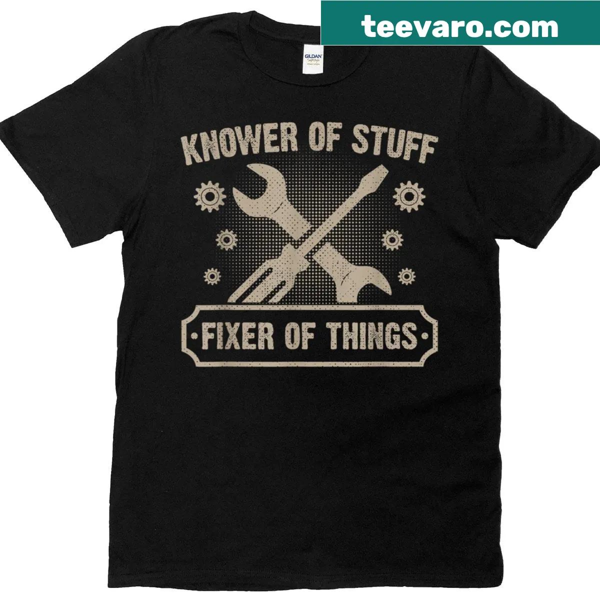 T-shirt with the phrase 'Knower Of Stuff Fixer Of Things' in bold typography. — on a men's t-shirt