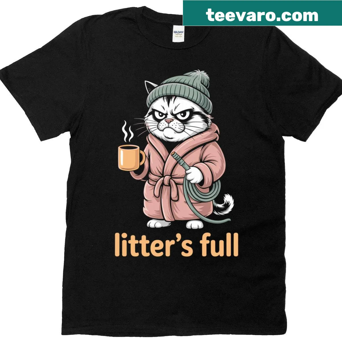 Funny cat parody t-shirt with text 'Litter's Full' — on a men's t-shirt