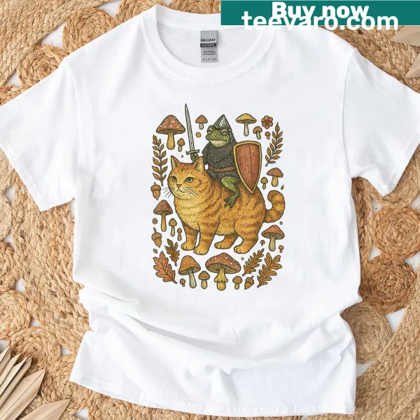 Illustration of a medieval frog sitting on a cat on a T-shirt