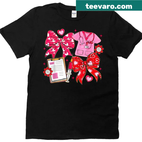 Cute Valentine-themed t-shirt for nurses with bow illustration