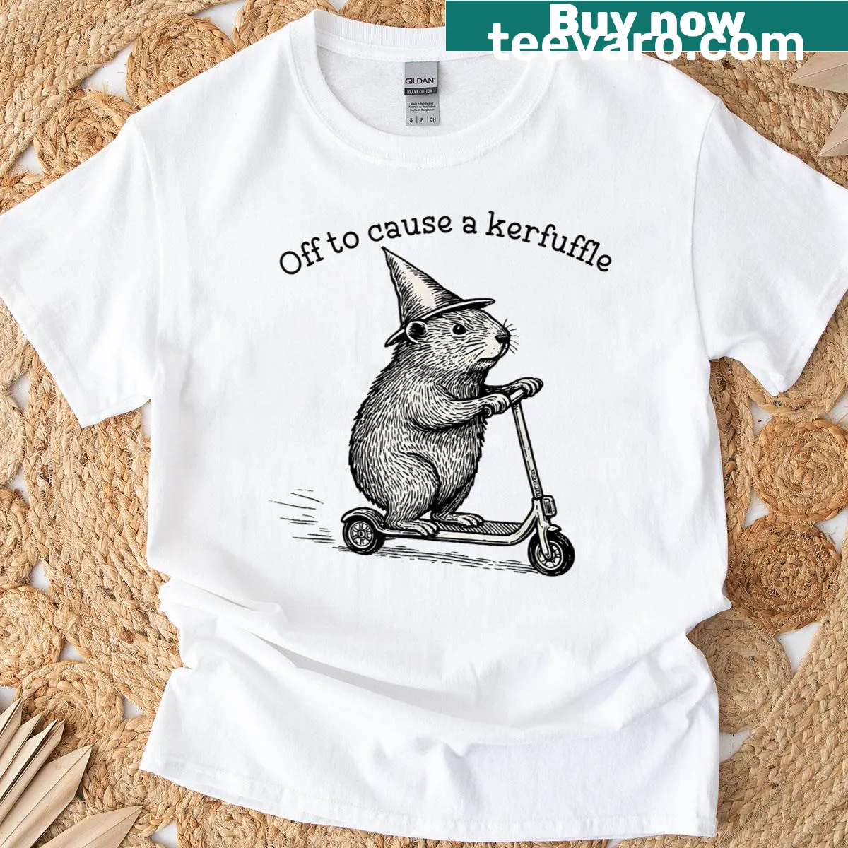 Cartoon groundhog on a scooter graphic t-shirt, humorous design — on a men's t-shirt