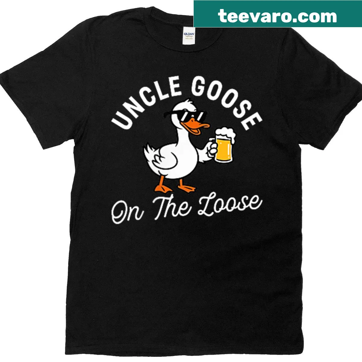 Text 'On The Loose' with a silly goose graphic — on a men's t-shirt