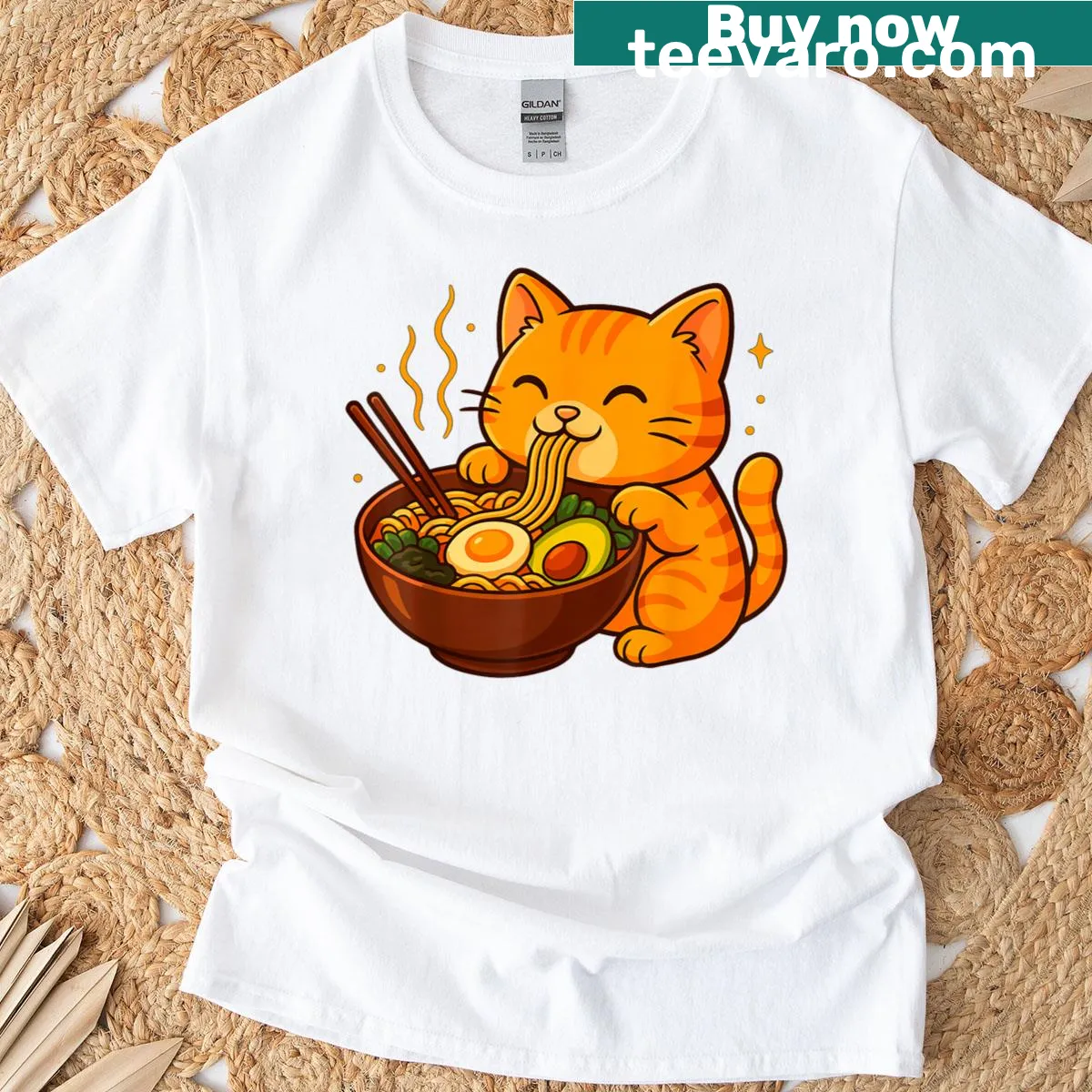 Illustration of an orange cat eating ramen on a t-shirt — on a men's t-shirt