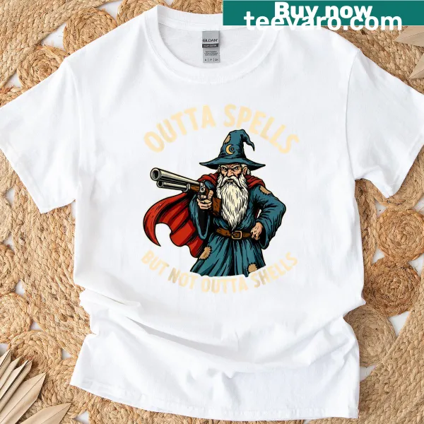 Humorous wizard meme t-shirt with a fantasy theme about spells and shells.