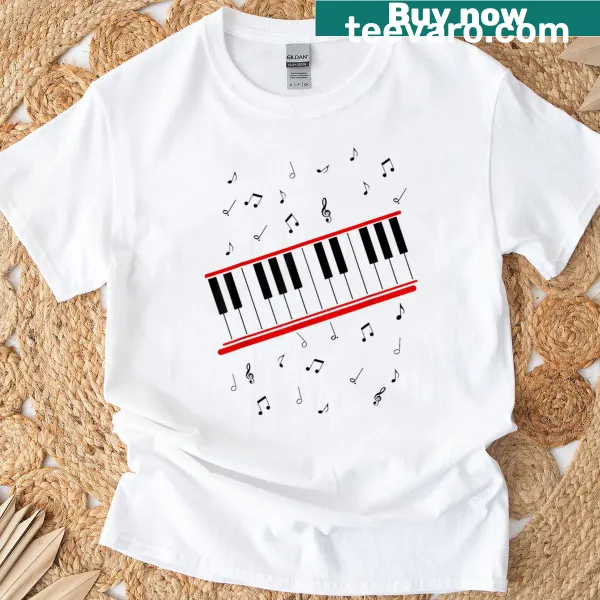 Illustration of a piano with music text on a t-shirt