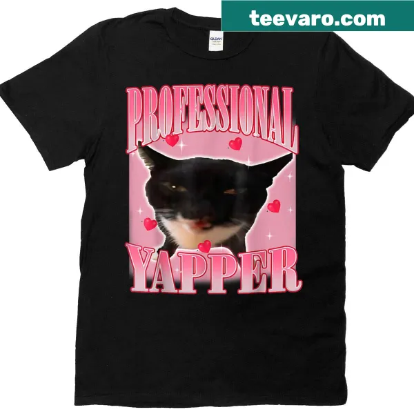 Funny T-shirt with a cartoon cat and the text Professional Yapper Cat