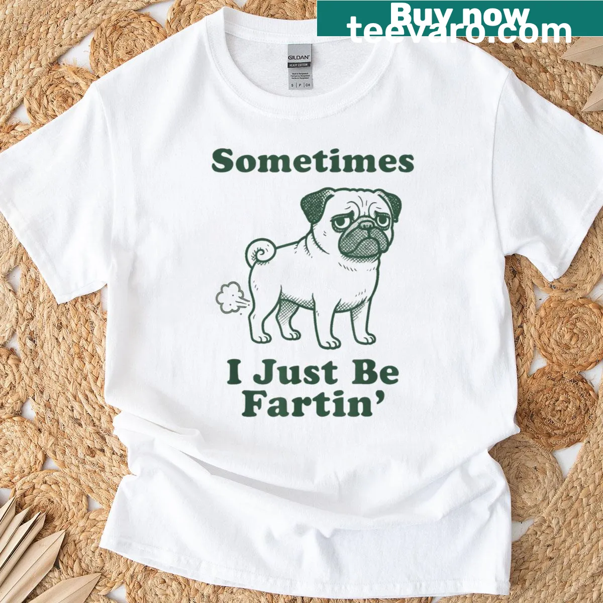 Funny pug graphic tee with text about farting — on a men's t-shirt