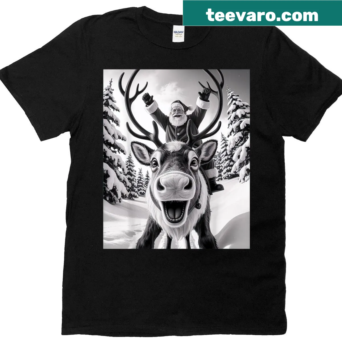 Whimsical reindeer selfie graphic on a Christmas T-shirt — on a men's t-shirt