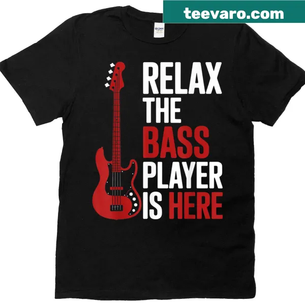 Text 'Relax The Bass Player Is Here' in retro style