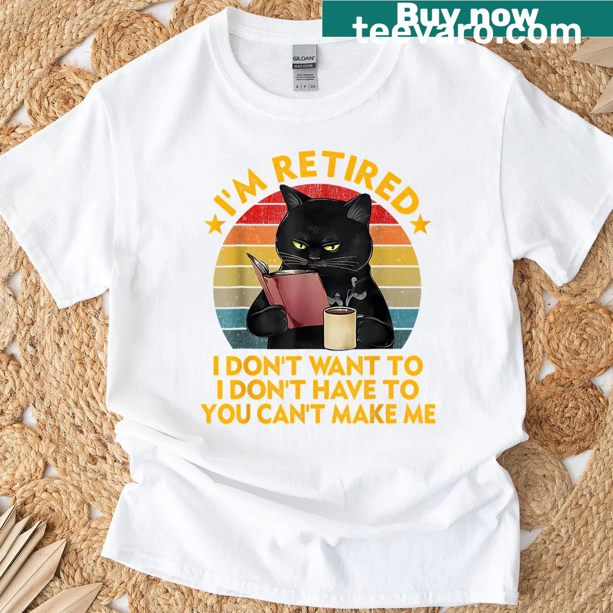Vintage distressed t-shirt featuring a black cat and coffee for retirees. — on a men's t-shirt