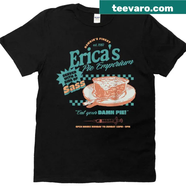 Retro diner t-shirt with 'Eat Your Damn Pie' and pie-themed graphics.
