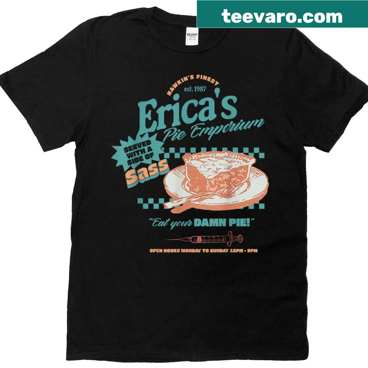 Retro diner t-shirt with 'Eat Your Damn Pie' and pie-themed graphics. — on a men's t-shirt