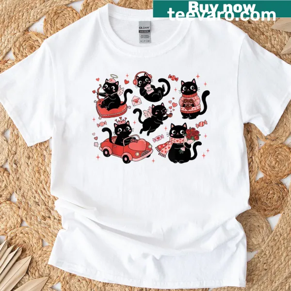 Retro Valentine's Day t-shirt with a black cat inside a heart