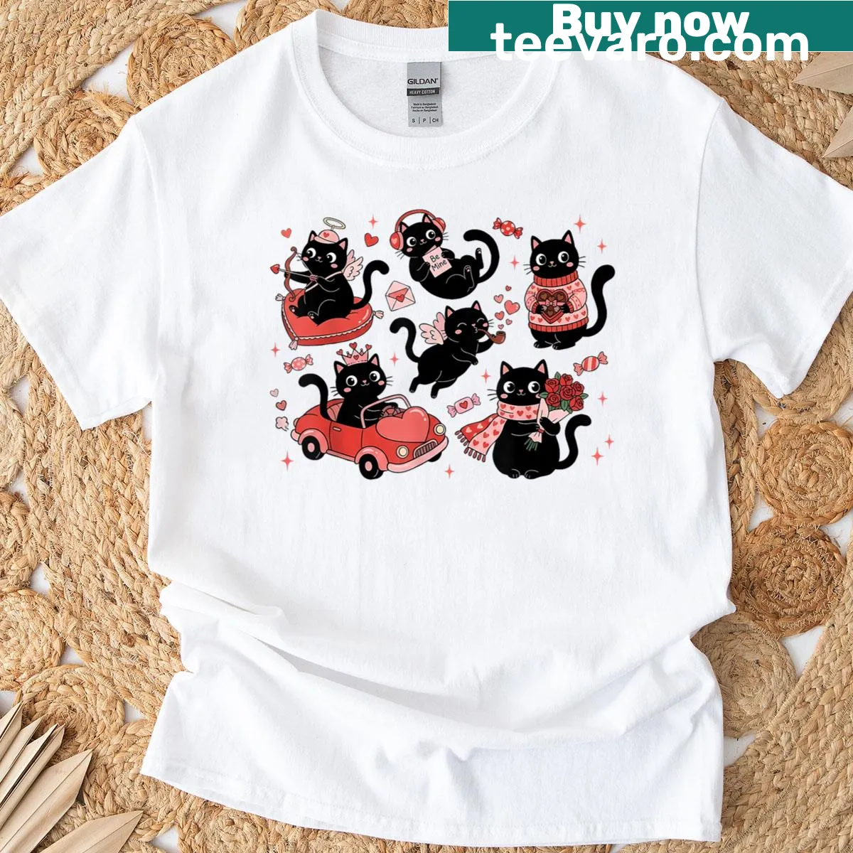 Retro Valentine's Day t-shirt with a black cat inside a heart — on a men's t-shirt