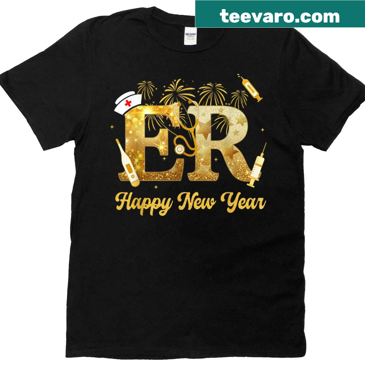 Nostalgic T-shirt for nurses featuring New Year fireworks design — on a men's t-shirt