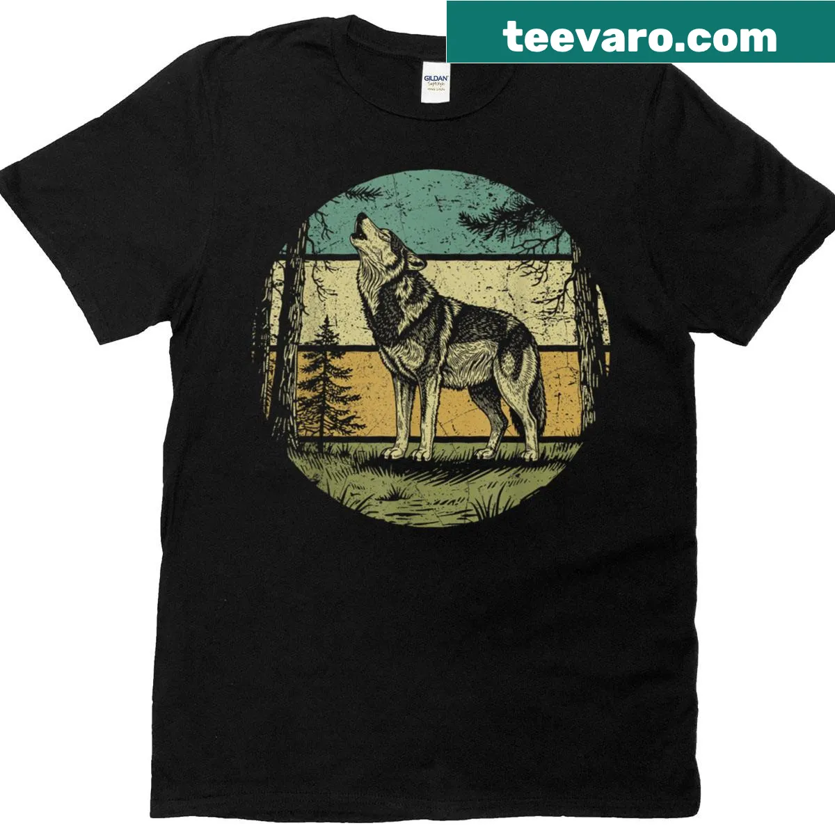 Vintage graphic T-shirt with a wolf and forest design — on a men's t-shirt