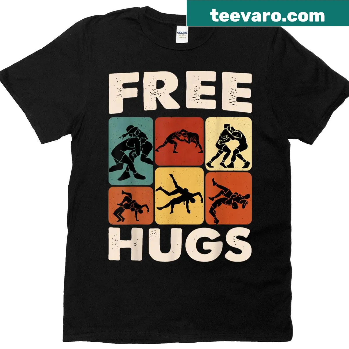 Retro T-shirt featuring Free Hugs and a wrestling graphic — on a men's t-shirt