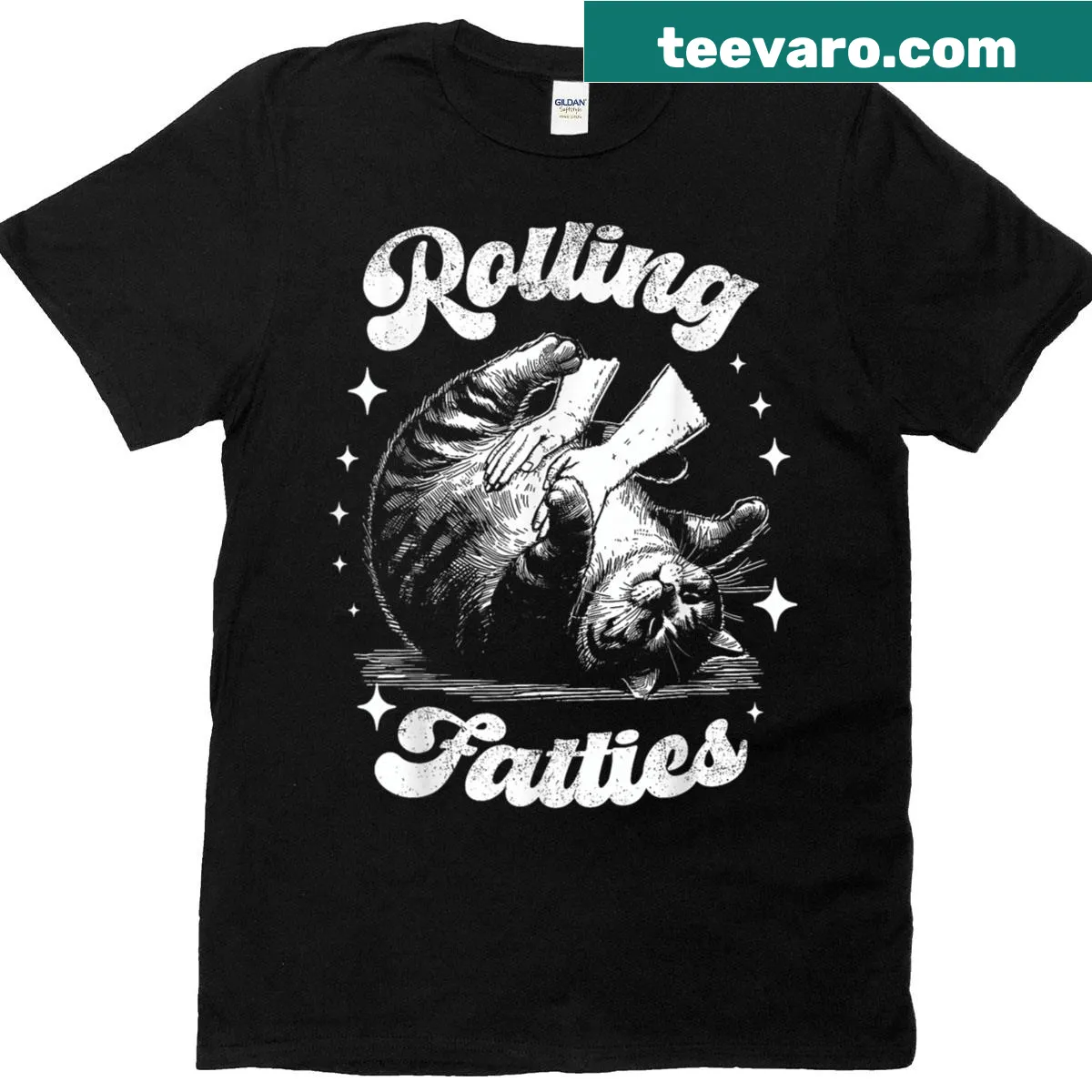 Vintage tee with 'Rolling Fatties' phrase and cat-themed humor — on a men's t-shirt