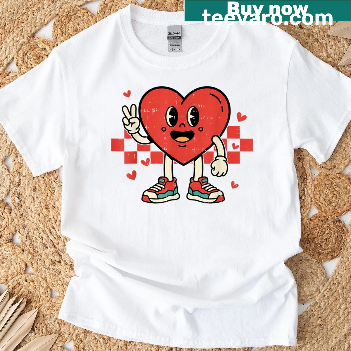 Retro peace hand and heart graphic t-shirt — on a men's t-shirt