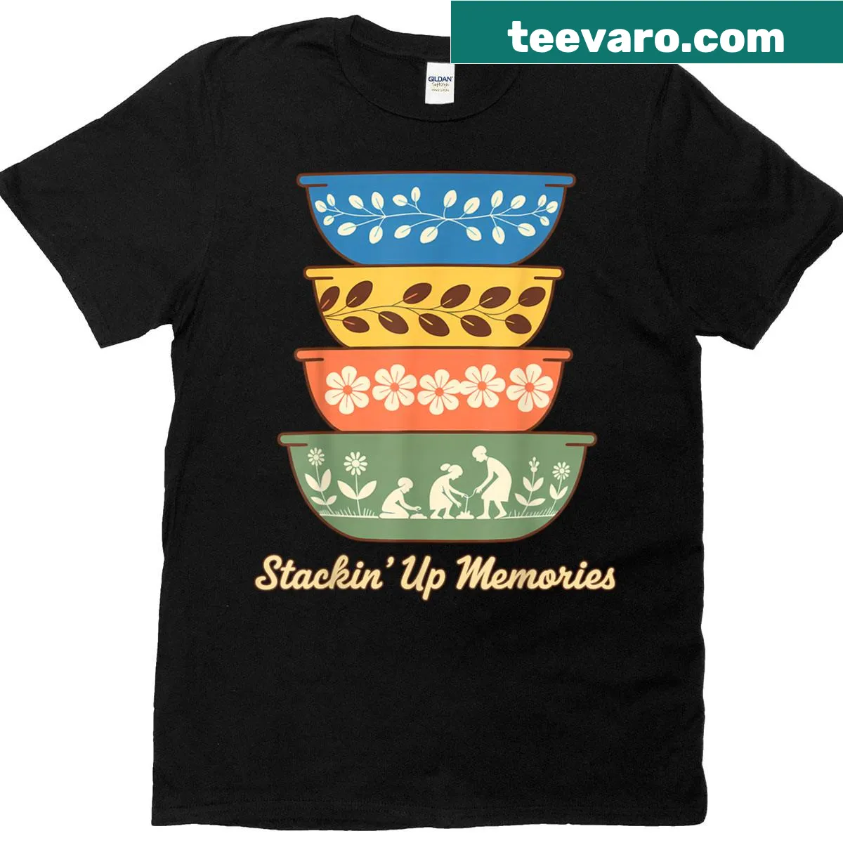 Vintage graphic of stacking Pyrex bowls on a T-shirt — on a men's t-shirt