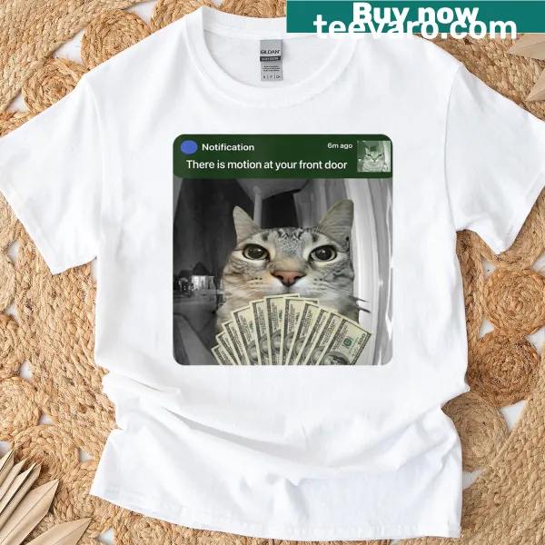 Illustration of a cat in motion with a humorous meme on a T-shirt