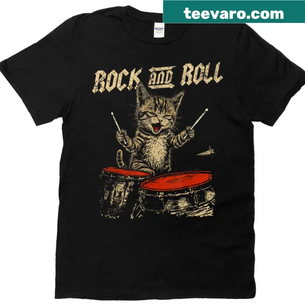 Funny t-shirt with a cartoon cat playing drums.