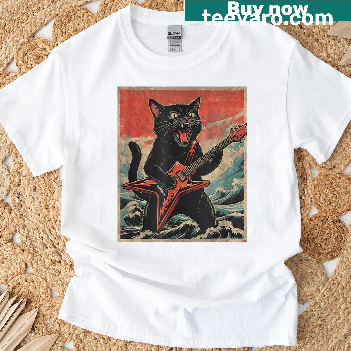 Vintage-style t-shirt featuring a cool cat guitarist — on a men's t-shirt
