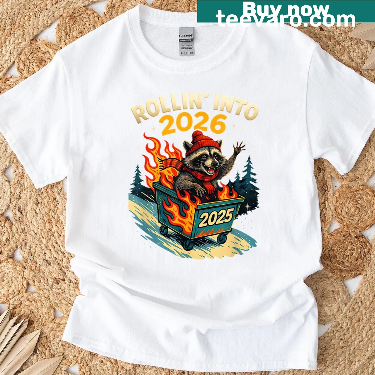Funny New Year T-shirt with a raccoon and dumpster fire graphic — on a men's t-shirt