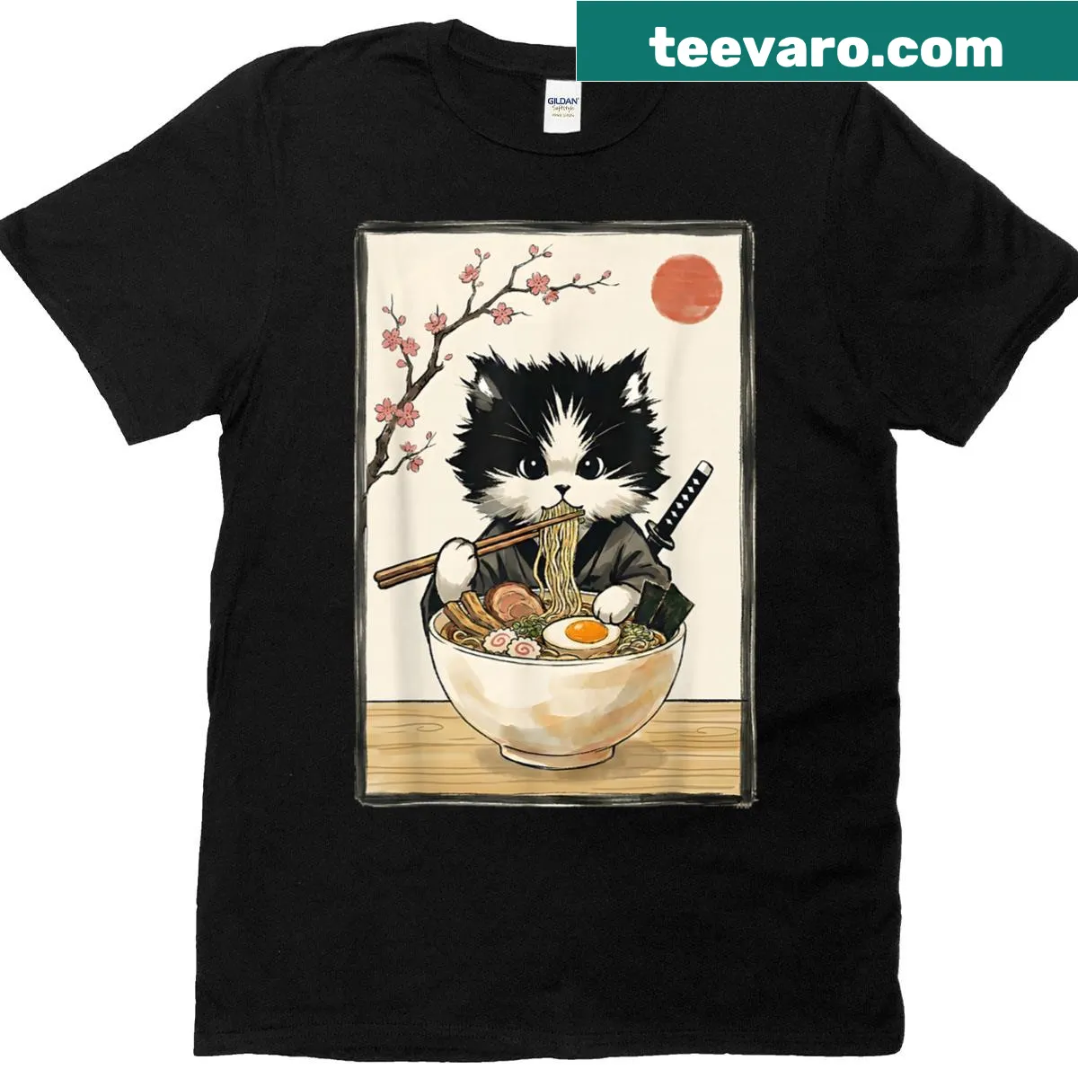 Kawaii samurai cat illustration on a ramen bowl T-shirt — on a men's t-shirt