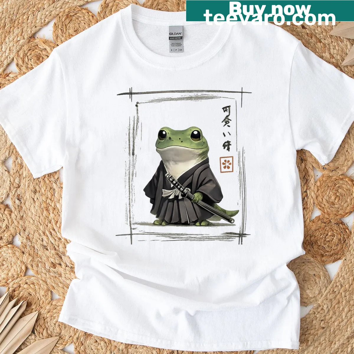 Kawaii samurai frog graphic in Japanese art style — on a men's t-shirt