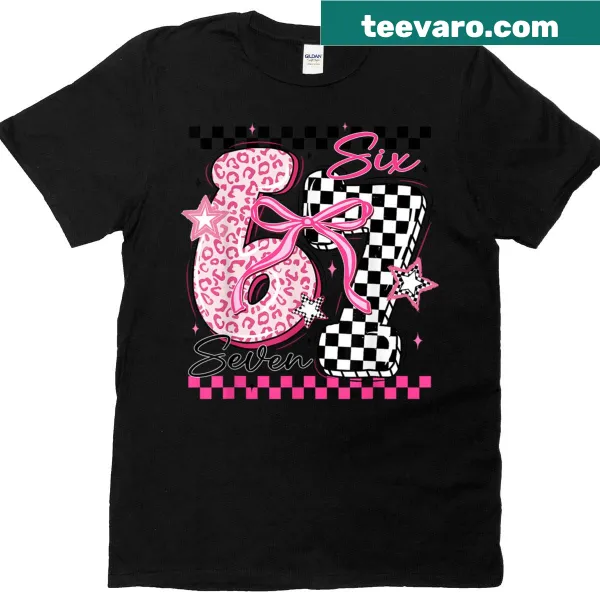 Leopard checkered graphic with 'Six Seven' text on a T-shirt