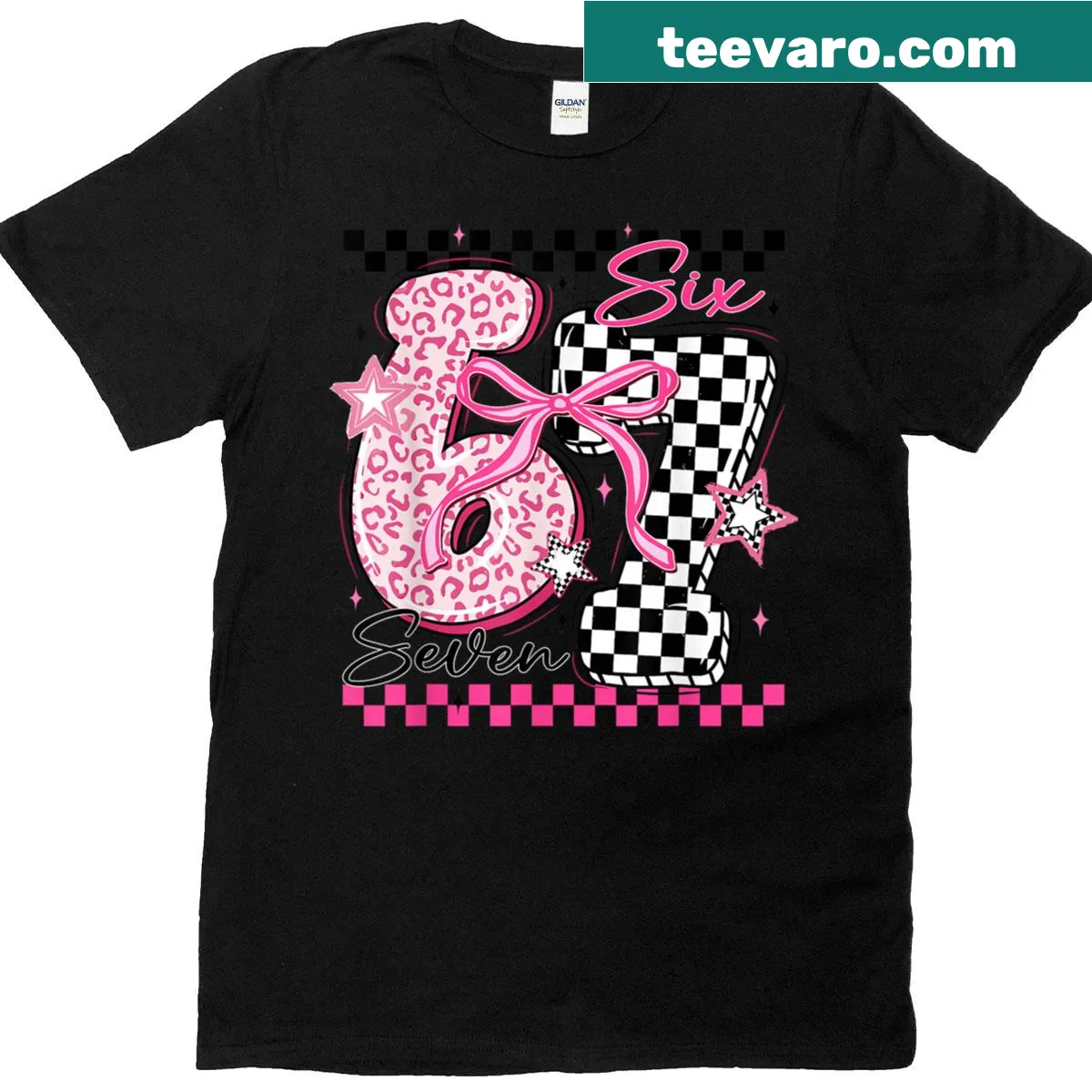Leopard checkered graphic with 'Six Seven' text on a T-shirt — on a men's t-shirt