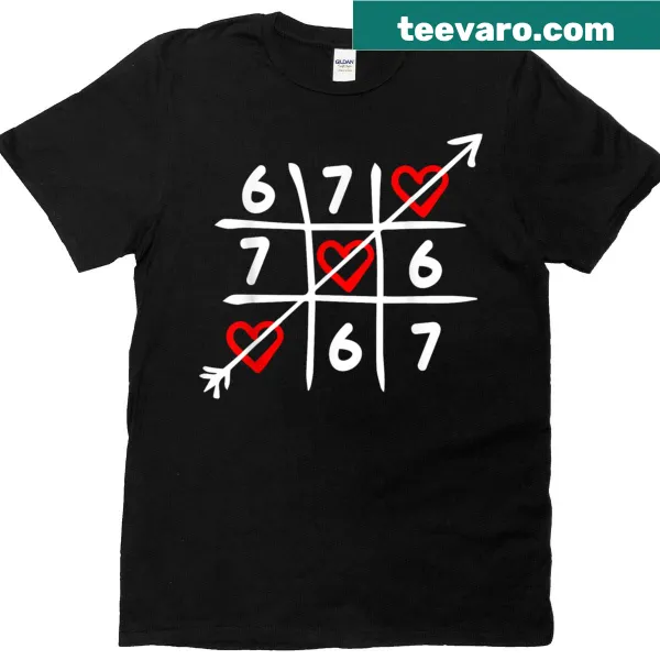 Funny Valentine's Day t-shirt featuring '6 7' meme and heart graphics.